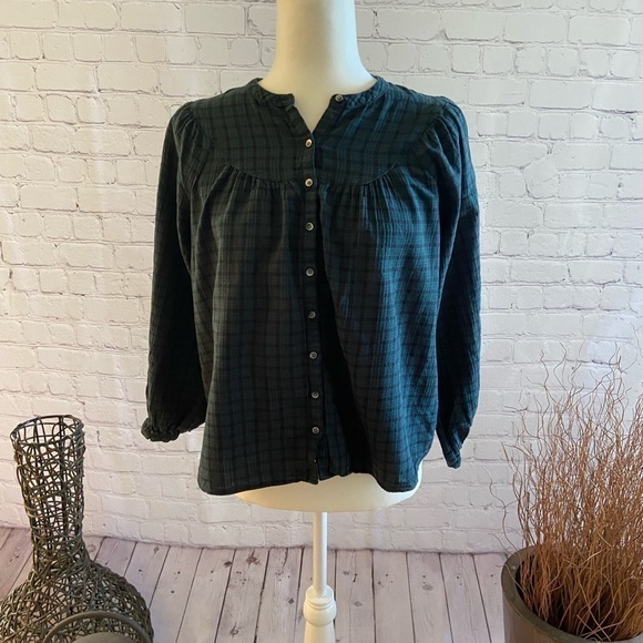 𝅺MADEWELL Plaid Green Navy Peasant Style Button Down Blouse XS - Picture 1 of 3